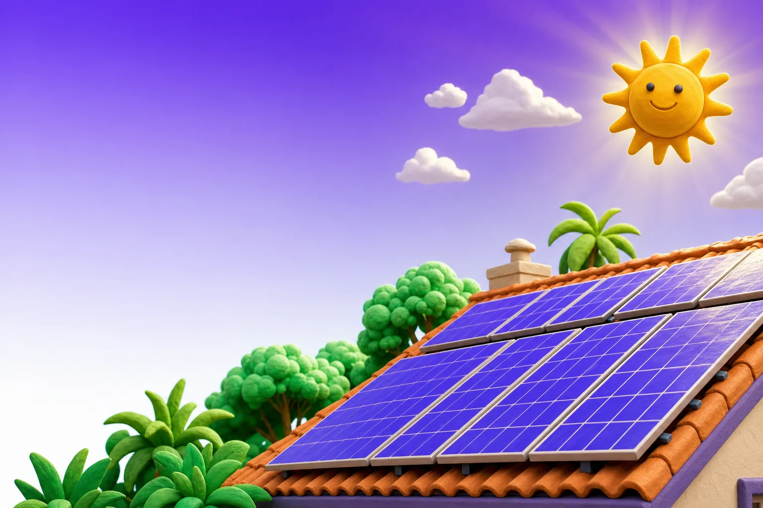 Clay-style rooftop covered in solar panels under a bright sun